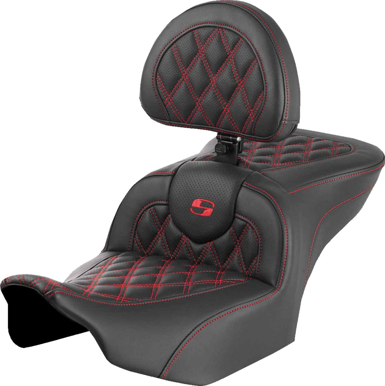 SADDLEMEN 0801-1722 RoadSofa™ Seat - with Backrest - Lattice Stitch - Red Stitch - FLTR/FLHX '23-'24