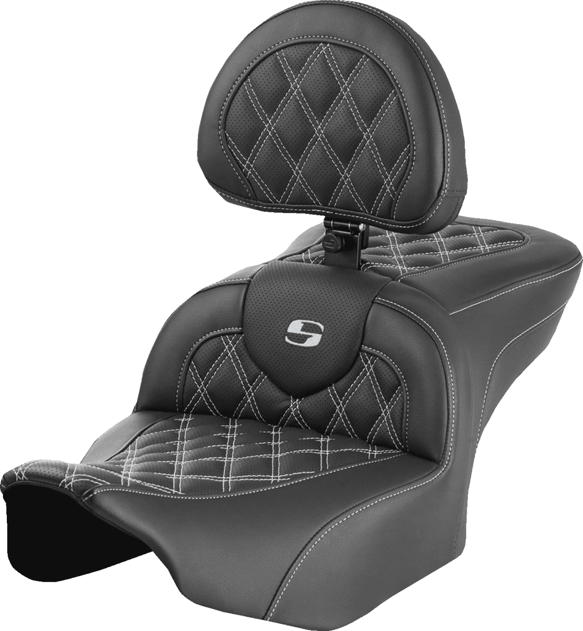 SADDLEMEN 0801-1723 RoadSofa™ Seat - with Backrest - Lattice Stitch - Silver Stitch - FLTR/FLHX '23-'24