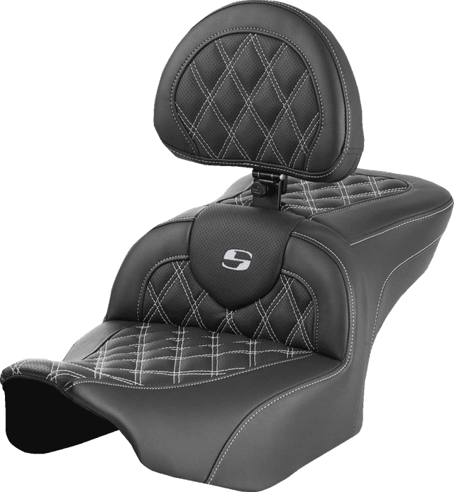 SADDLEMEN 0801-1723 RoadSofa™ Seat - with Backrest - Lattice Stitch - Silver Stitch - FLTR/FLHX '23-'24