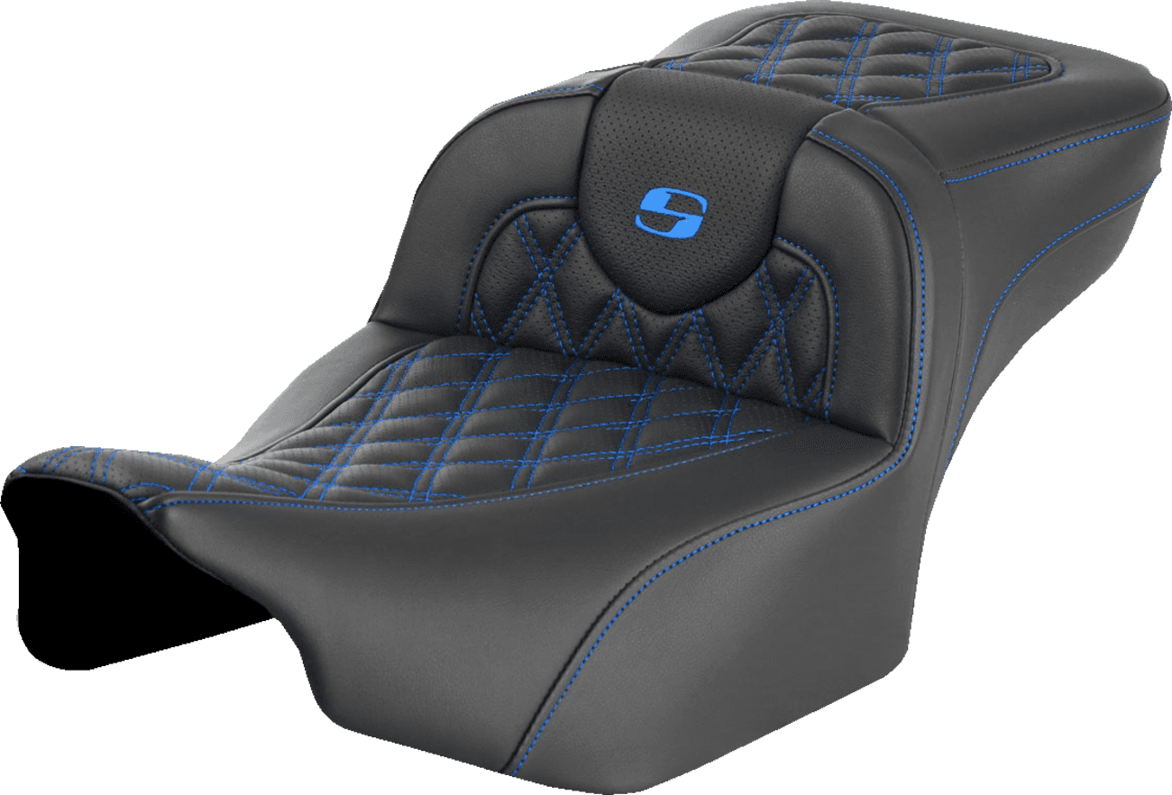 SADDLEMEN 0801-1725 Roadsofa™ Extended Reach Seat - without Backrest - Lattice Stitch - Blue Stitch - FLTR/FLHX '23-'24