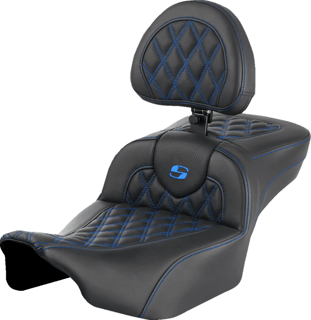 SADDLEMEN 0801-1731 Roadsofa™ Extended Reach Seat - with Backrest - Lattice Stitch - Blue Stitch - FLTR/FLHX '23-'24 — image 1 of 2
