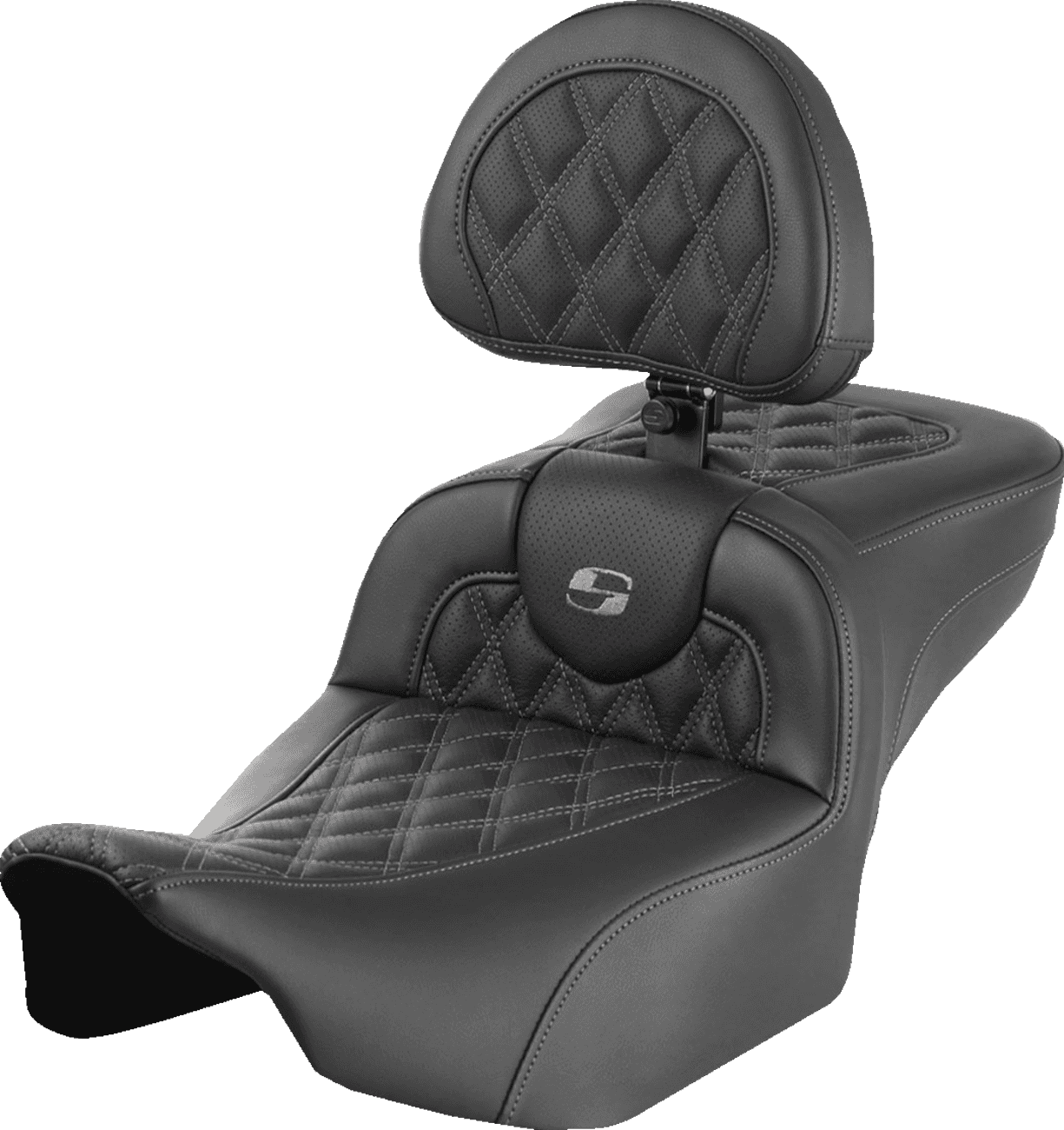 SADDLEMEN 0801-1732 Roadsofa™ Extended Reach Seat - with Backrest - Lattice Stitch - Gray Stitch - FLTR/FLHX '23-'24