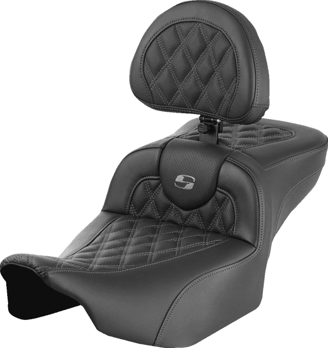 SADDLEMEN 0801-1732 Roadsofa™ Extended Reach Seat - with Backrest - Lattice Stitch - Gray Stitch - FLTR/FLHX '23-'24 — image 1 of 2
