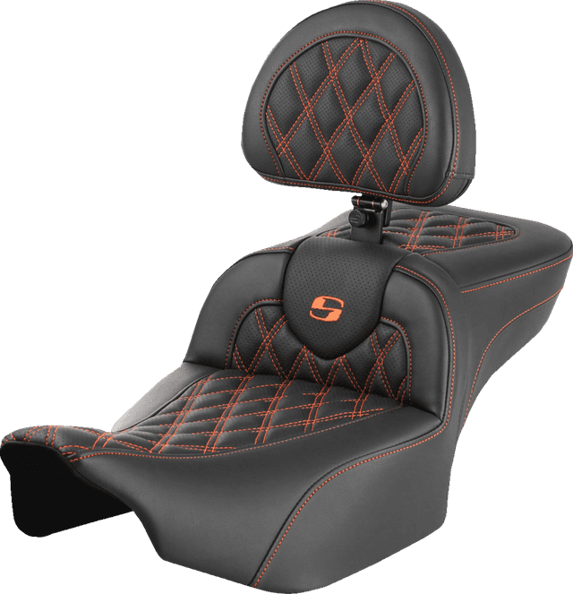 SADDLEMEN 0801-1733 Roadsofa™ Extended Reach Seat - with Backrest - Lattice Stitch - Orange Stitch - FLTR/FLHX '23-'24 — image 1 of 2