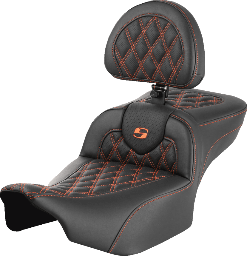 SADDLEMEN 0801-1733 Roadsofa™ Extended Reach Seat - with Backrest - Lattice Stitch - Orange Stitch - FLTR/FLHX '23-'24 — image 1 of 2