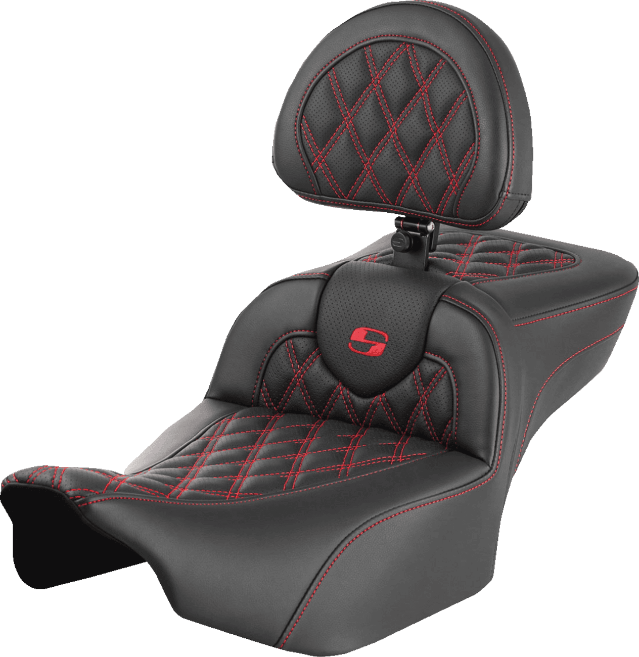 SADDLEMEN 0801-1734 Roadsofa™ Extended Reach Seat - with Backrest - Lattice Stitch - Red Stitch - FLTR/FLHX '23-'24