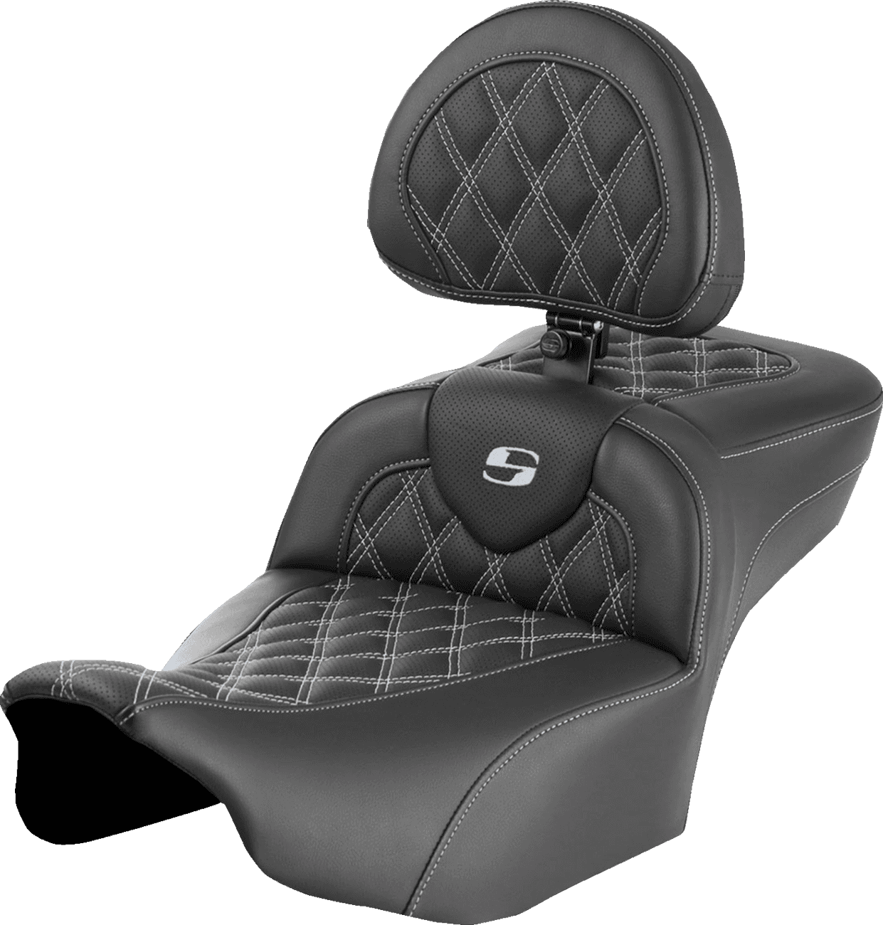 SADDLEMEN 0801-1735 Roadsofa™ Extended Reach Seat - with Backrest - Lattice Stitch - Silver Stitch - FLTR/FLHX '23-'24