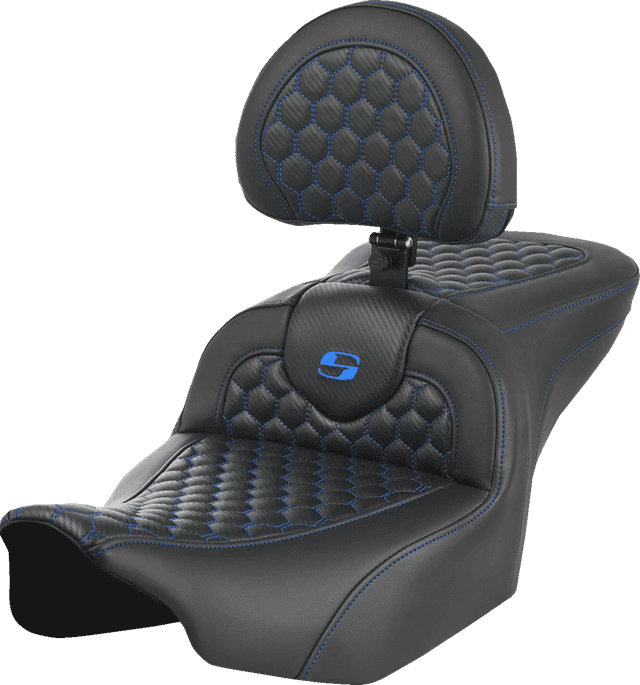 SADDLEMEN 0801-1749 Roadsofa™ Seat - with Backrest - Honeycomb - Blue Stitch - FLTR/FLHX '23-'24