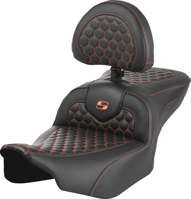 SADDLEMEN 0801-1751 Roadsofa™ Seat - with Backrest - Honeycomb - Orange Stitch - FLTR/FLHX '23-'24