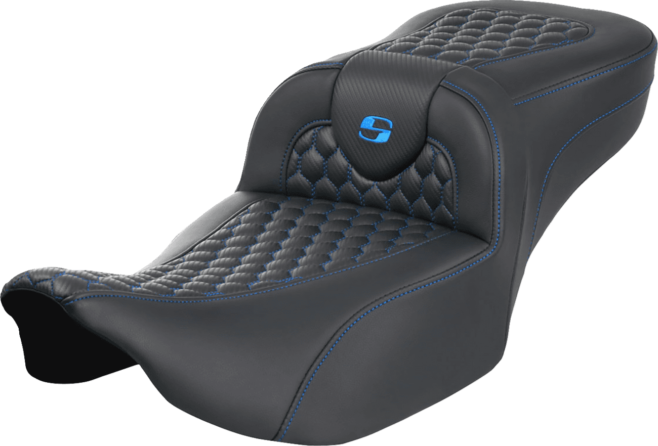 SADDLEMEN 0801-1756 Roadsofa™ Extended Reach Seat - without Backrest - Honeycomb - Blue Stitch - FLTR/FLHX '23-'24