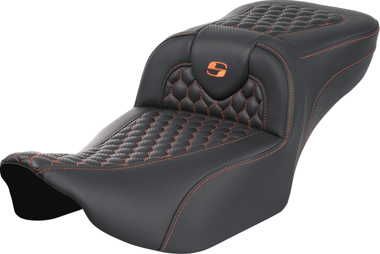 SADDLEMEN 0801-1758 Roadsofa™ Extended Reach Seat - without Backrest - Honeycomb - Orange Stitch - FLTR/FLHX '23-'24