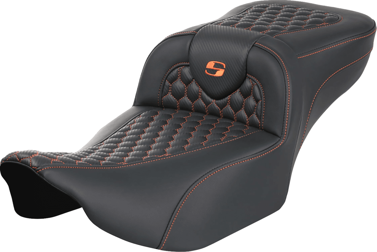 SADDLEMEN 0801-1758 Roadsofa™ Extended Reach Seat - without Backrest - Honeycomb - Orange Stitch - FLTR/FLHX '23-'24