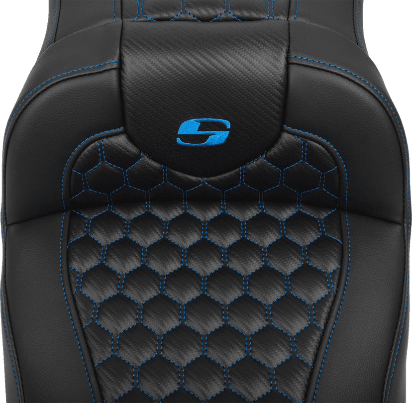 SADDLEMEN 0801-1763 Roadsofa™ Extended Reach Seat - with Backrest - Honeycomb - Blue Stitch - FLTR/FLHX '23-'24 — image 4 of 6