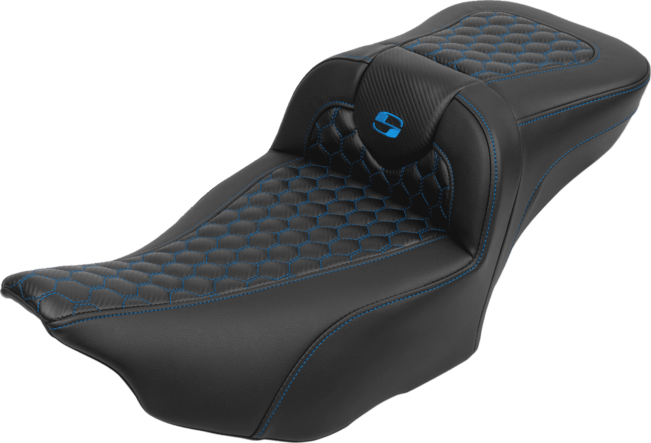 SADDLEMEN 0801-1763 Roadsofa™ Extended Reach Seat - with Backrest - Honeycomb - Blue Stitch - FLTR/FLHX '23-'24