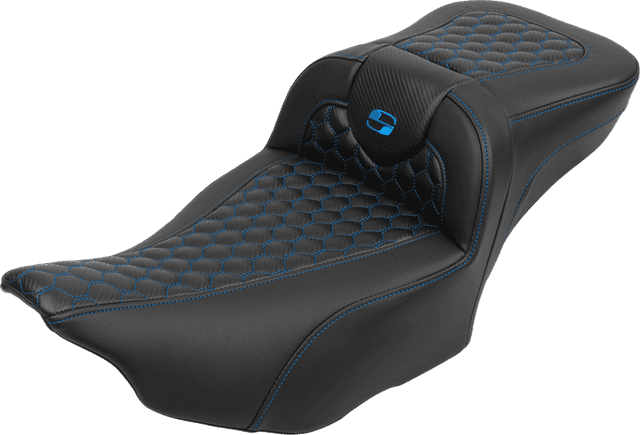 SADDLEMEN 0801-1763 Roadsofa™ Extended Reach Seat - with Backrest - Honeycomb - Blue Stitch - FLTR/FLHX '23-'24 — image 1 of 6