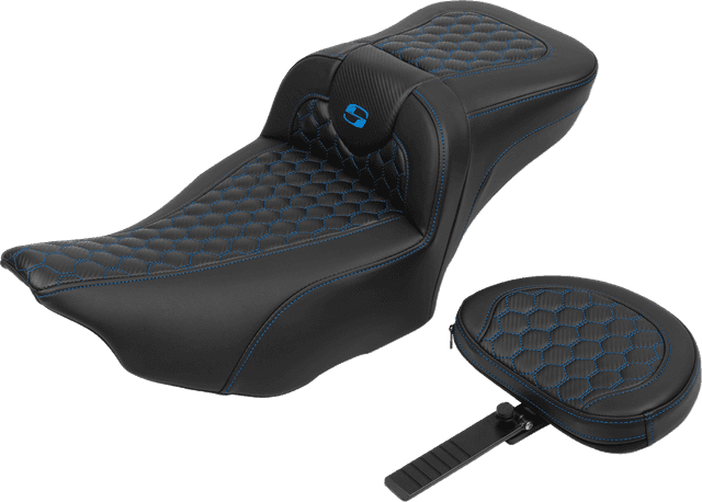 SADDLEMEN 0801-1763 Roadsofa™ Extended Reach Seat - with Backrest - Honeycomb - Blue Stitch - FLTR/FLHX '23-'24 — image 2 of 6