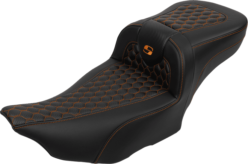 SADDLEMEN 0801-1765 Roadsofa™ Extended Reach Seat - with Backrest - Honeycomb - Orange Stitch - FLTR/FLHX '23-'24 — image 1 of 6