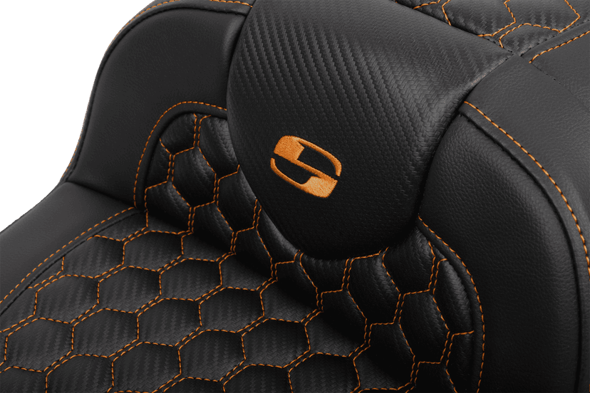 SADDLEMEN 0801-1765 Roadsofa™ Extended Reach Seat - with Backrest - Honeycomb - Orange Stitch - FLTR/FLHX '23-'24 — image 4 of 6