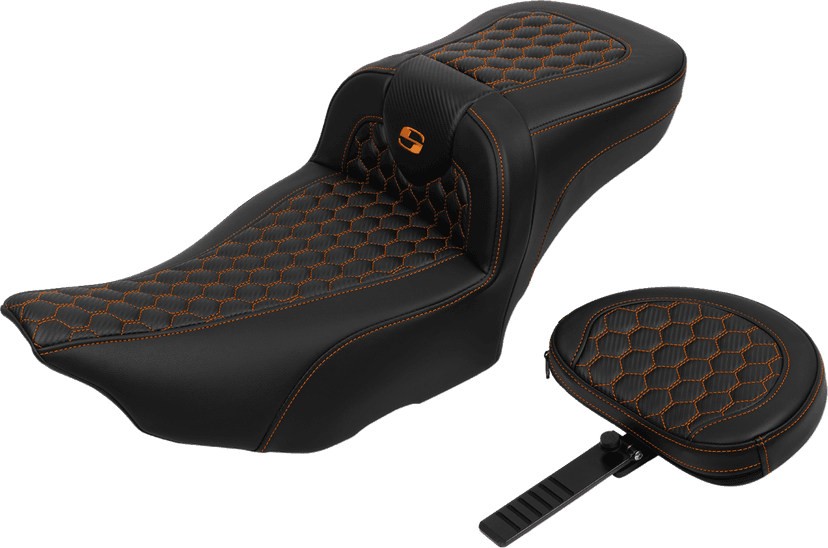 SADDLEMEN 0801-1765 Roadsofa™ Extended Reach Seat - with Backrest - Honeycomb - Orange Stitch - FLTR/FLHX '23-'24 — image 2 of 6