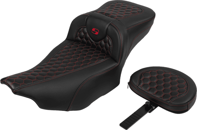 SADDLEMEN 0801-1766 Roadsofa™ Extended Reach Seat - with Backrest - Honeycomb - Red Stitch - FLTR/FLHX '23-'24 — image 1 of 6