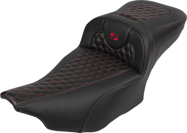 SADDLEMEN 0801-1766 Roadsofa™ Extended Reach Seat - with Backrest - Honeycomb - Red Stitch - FLTR/FLHX '23-'24 — image 2 of 6