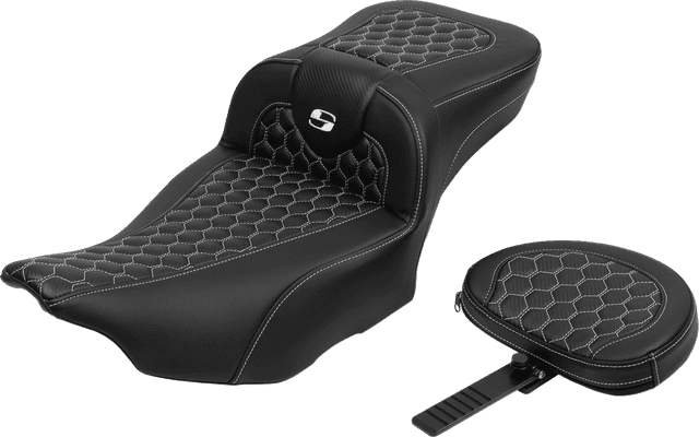 SADDLEMEN 0801-1768 Roadsofa™ Extended Reach Seat - with Backrest - Honeycomb - White Stitch - FLTR/FLHX '23-'24 — image 2 of 6