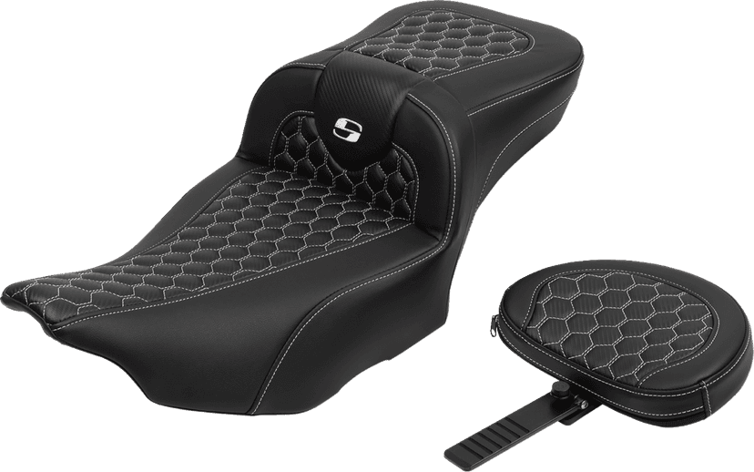 SADDLEMEN 0801-1768 Roadsofa™ Extended Reach Seat - with Backrest - Honeycomb - White Stitch - FLTR/FLHX '23-'24 — image 2 of 6