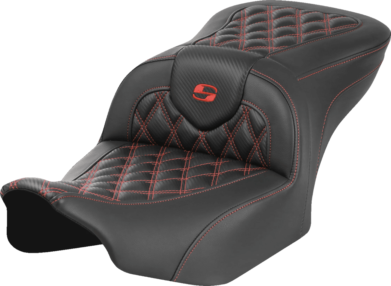 SADDLEMEN 0801-1783 RoadSofa™ Seat - without Backrest - Carbon Fiber - Lattice Stitch - Red Stitch - FLTR/FLHX '23-'24