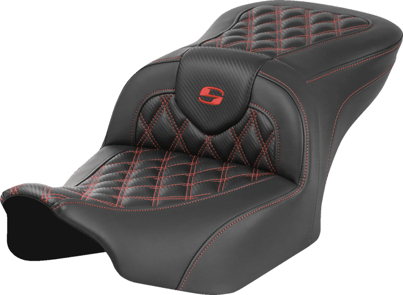 SADDLEMEN 0801-1783 RoadSofa™ Seat - without Backrest - Carbon Fiber - Lattice Stitch - Red Stitch - FLTR/FLHX '23-'24 — image 1 of 3