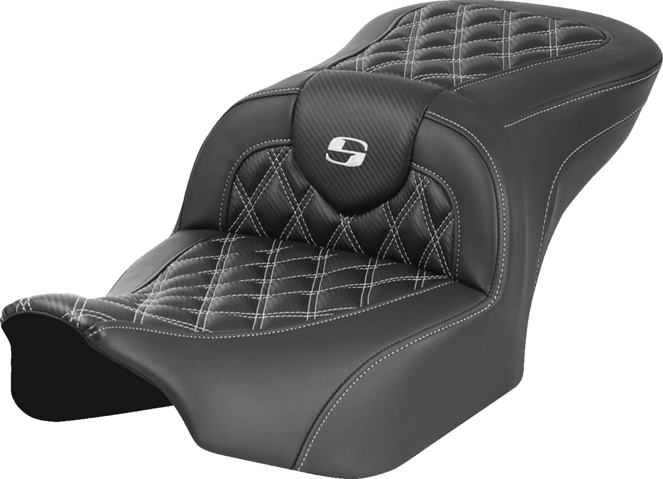 SADDLEMEN 0801-1785 RoadSofa™ Seat - without Backrest - Carbon Fiber - Lattice Stitch - White Stitch - FLTR/FLHX '23-'24