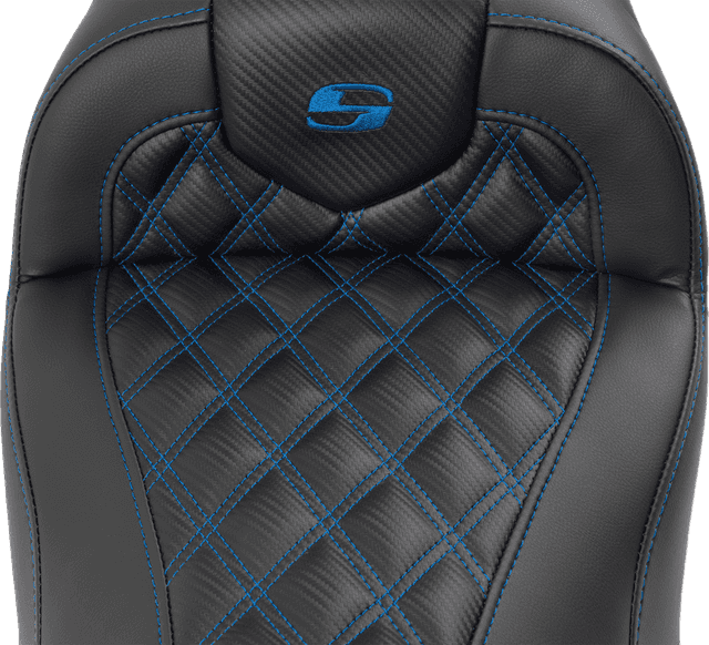 SADDLEMEN 0801-1787 RoadSofa™ Seat - with Backrest - Carbon Fiber - Lattice Stitch - Blue Stitch - FLTR/FLHX '23-'24 — image 6 of 6