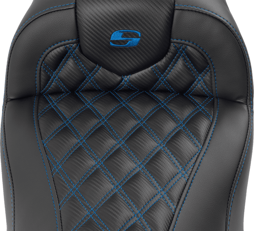SADDLEMEN 0801-1787 RoadSofa™ Seat - with Backrest - Carbon Fiber - Lattice Stitch - Blue Stitch - FLTR/FLHX '23-'24 — image 6 of 6