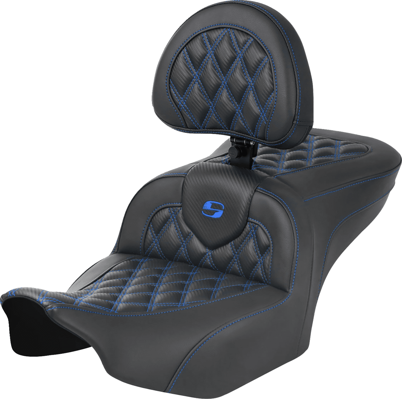 SADDLEMEN 0801-1787 RoadSofa™ Seat - with Backrest - Carbon Fiber - Lattice Stitch - Blue Stitch - FLTR/FLHX '23-'24