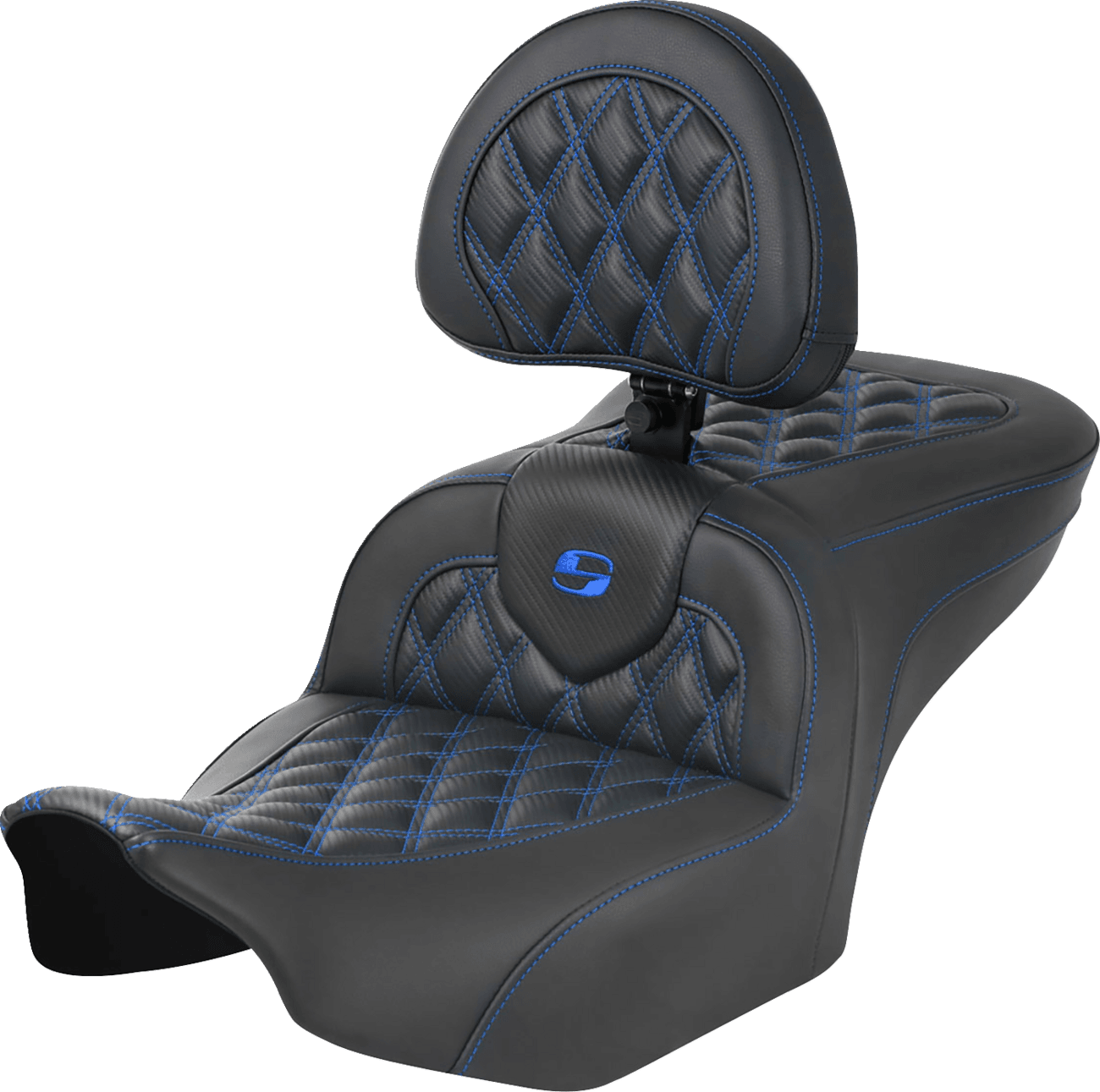 SADDLEMEN 0801-1787 RoadSofa™ Seat - with Backrest - Carbon Fiber - Lattice Stitch - Blue Stitch - FLTR/FLHX '23-'24