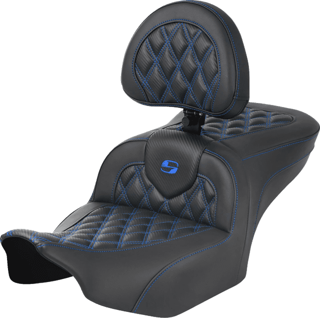 SADDLEMEN 0801-1787 RoadSofa™ Seat - with Backrest - Carbon Fiber - Lattice Stitch - Blue Stitch - FLTR/FLHX '23-'24 — image 1 of 6
