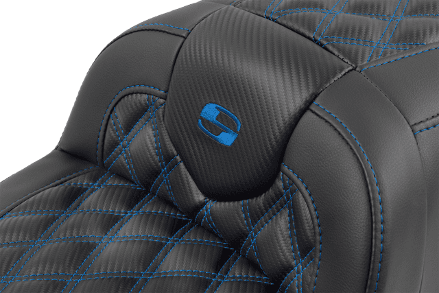 SADDLEMEN 0801-1787 RoadSofa™ Seat - with Backrest - Carbon Fiber - Lattice Stitch - Blue Stitch - FLTR/FLHX '23-'24 — image 5 of 6