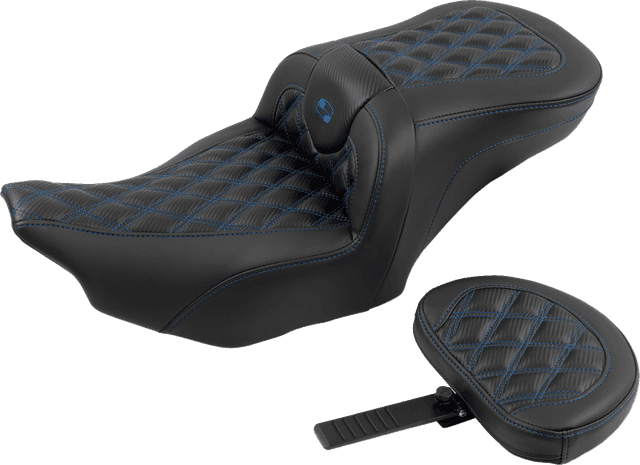 SADDLEMEN 0801-1787 RoadSofa™ Seat - with Backrest - Carbon Fiber - Lattice Stitch - Blue Stitch - FLTR/FLHX '23-'24 — image 2 of 6