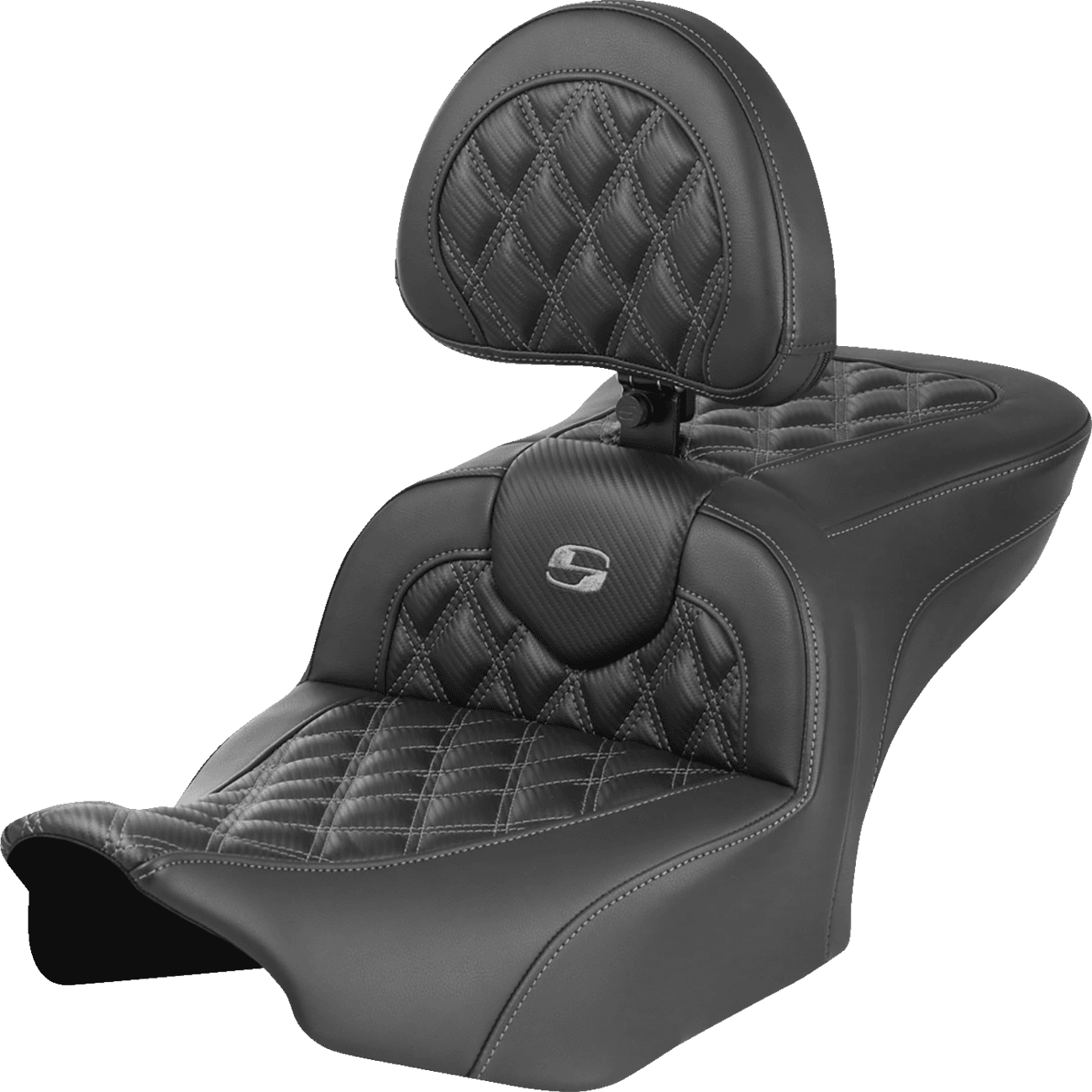 SADDLEMEN 0801-1788 RoadSofa™ Seat - with Backrest - Carbon Fiber - Lattice Stitch - Gray Stitch - FLTR/FLHX '23-'24