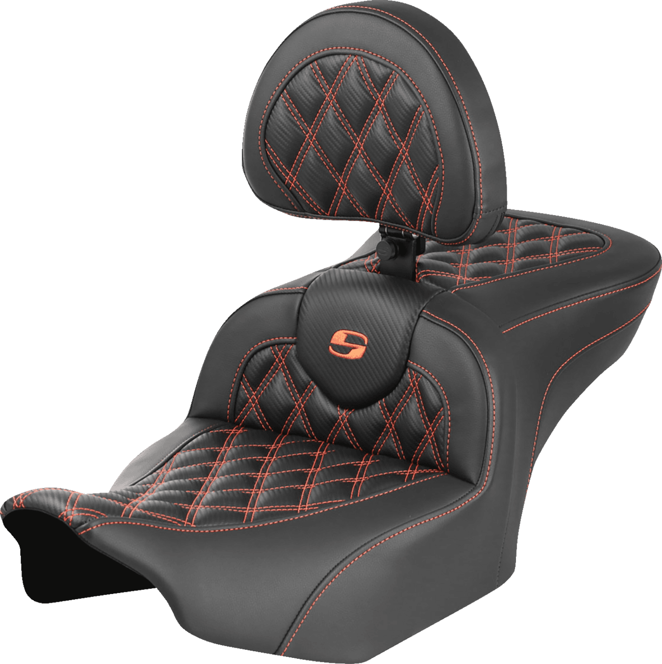 SADDLEMEN 0801-1789 RoadSofa™ Seat - with Backrest - Carbon Fiber - Lattice Stitch - Orange Stitch - FLTR/FLHX '23-'24
