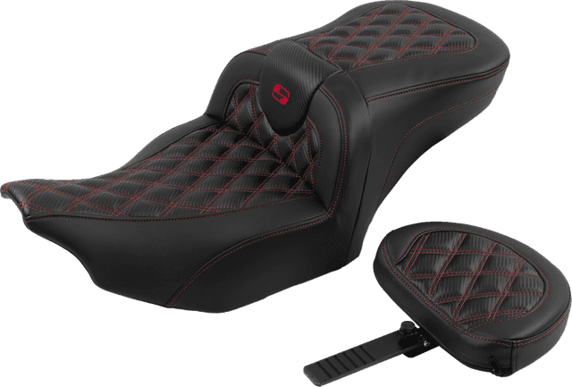 SADDLEMEN 0801-1790 RoadSofa™ Seat - with Backrest - Carbon Fiber - Lattice Stitch - Red Stitch - FLTR/FLHX '23-'24 — image 2 of 6