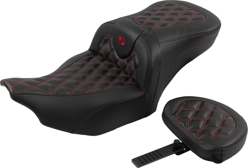 SADDLEMEN 0801-1790 RoadSofa™ Seat - with Backrest - Carbon Fiber - Lattice Stitch - Red Stitch - FLTR/FLHX '23-'24 — image 2 of 6