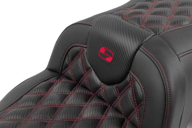 SADDLEMEN 0801-1790 RoadSofa™ Seat - with Backrest - Carbon Fiber - Lattice Stitch - Red Stitch - FLTR/FLHX '23-'24 — image 5 of 6