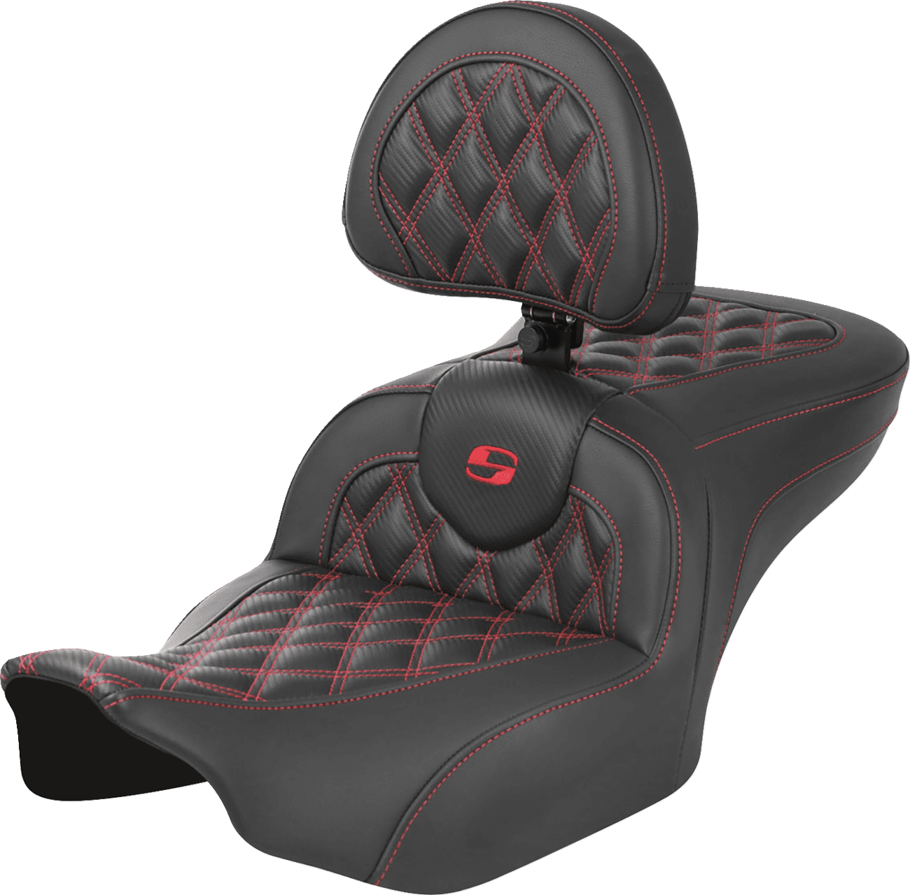SADDLEMEN 0801-1790 RoadSofa™ Seat - with Backrest - Carbon Fiber - Lattice Stitch - Red Stitch - FLTR/FLHX '23-'24