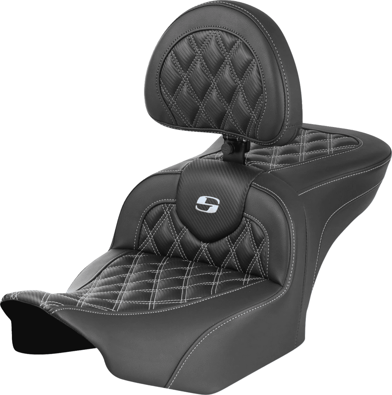 SADDLEMEN 0801-1791 RoadSofa™ Seat - with Backrest - Carbon Fiber - Lattice Stitch - Silver Stitch - FLTR/FLHX '23-'24