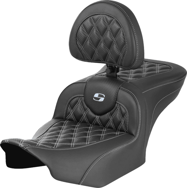 SADDLEMEN 0801-1791 RoadSofa™ Seat - with Backrest - Carbon Fiber - Lattice Stitch - Silver Stitch - FLTR/FLHX '23-'24 — image 1 of 6