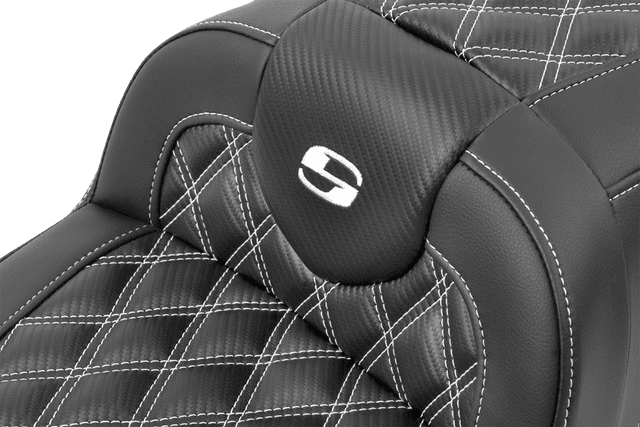 SADDLEMEN 0801-1792 RoadSofa™ Seat - with Backrest - Carbon Fiber - Lattice Stitch - White Stitch - FLTR/FLHX '23-'24 — image 5 of 6