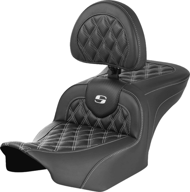 SADDLEMEN 0801-1792 RoadSofa™ Seat - with Backrest - Carbon Fiber - Lattice Stitch - White Stitch - FLTR/FLHX '23-'24 — image 1 of 6