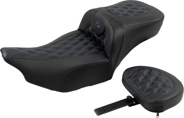 SADDLEMEN 0801-1802 Roadsofa™ Extended Reach Seat - with Backrest - Lattice Stitch - Blue Stitch - FLTR/FLHX '23-'24 — image 2 of 7