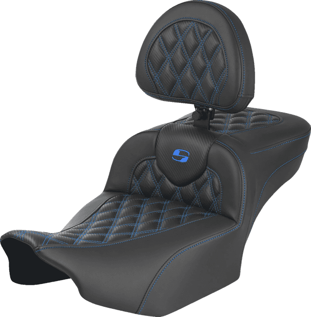 SADDLEMEN 0801-1802 Roadsofa™ Extended Reach Seat - with Backrest - Lattice Stitch - Blue Stitch - FLTR/FLHX '23-'24 — image 1 of 7