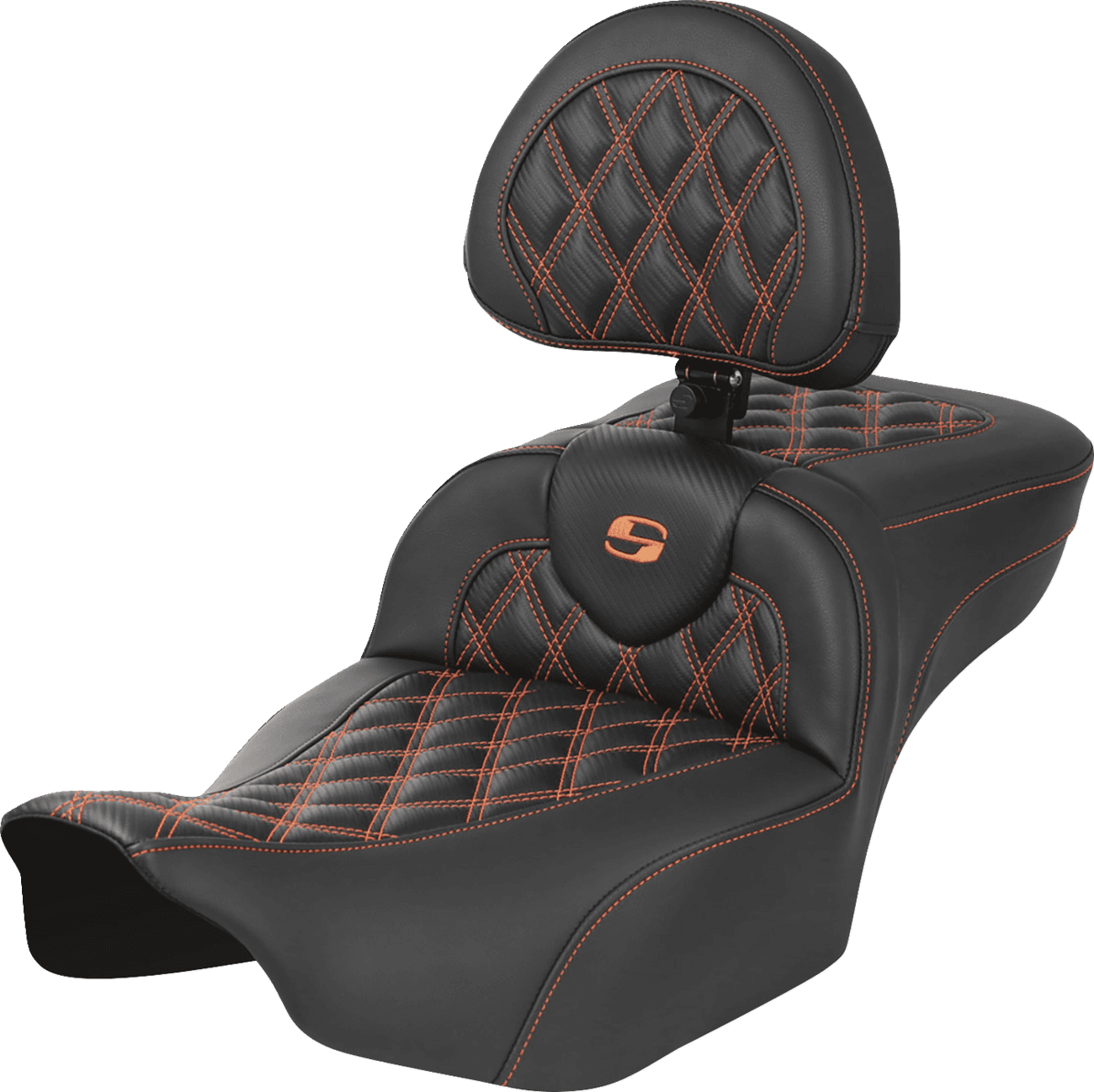 SADDLEMEN 0801-1804 Roadsofa™ Extended Reach Seat - with Backrest - Lattice Stitch - Orange Stitch - FLTR/FLHX '23-'24